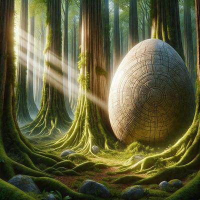 The primary subject of the image is a large, white egg, which is placed in a forest setting. The egg is surrounded by trees and appears to be the focal point of the scene. The visual style of the image is digital art, giving it a surreal and fantastical appearance. The colors and mood of the image are predominantly green, with the forest providing a natural and serene atmosphere.
